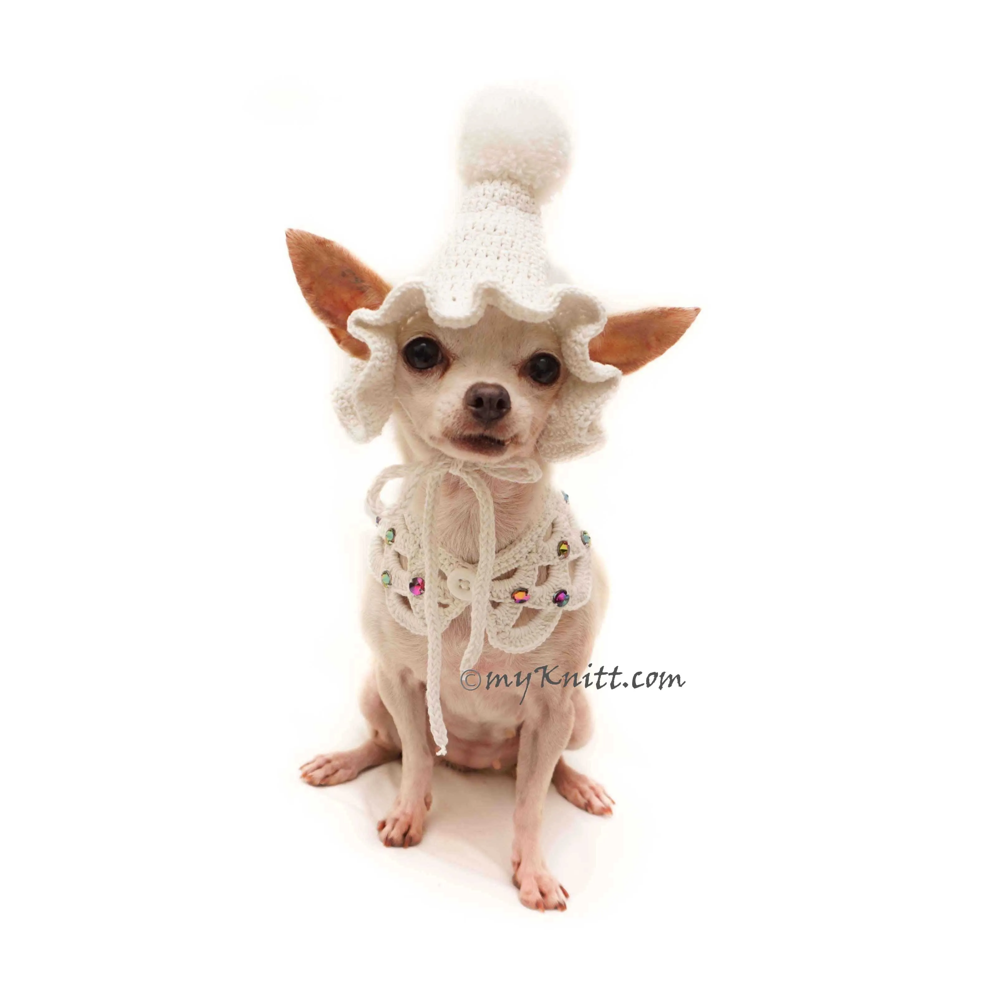 White Dog Bandanna, White Dog Scarf Crochet, White Pom Pom Dog Hat Crochet, DN26