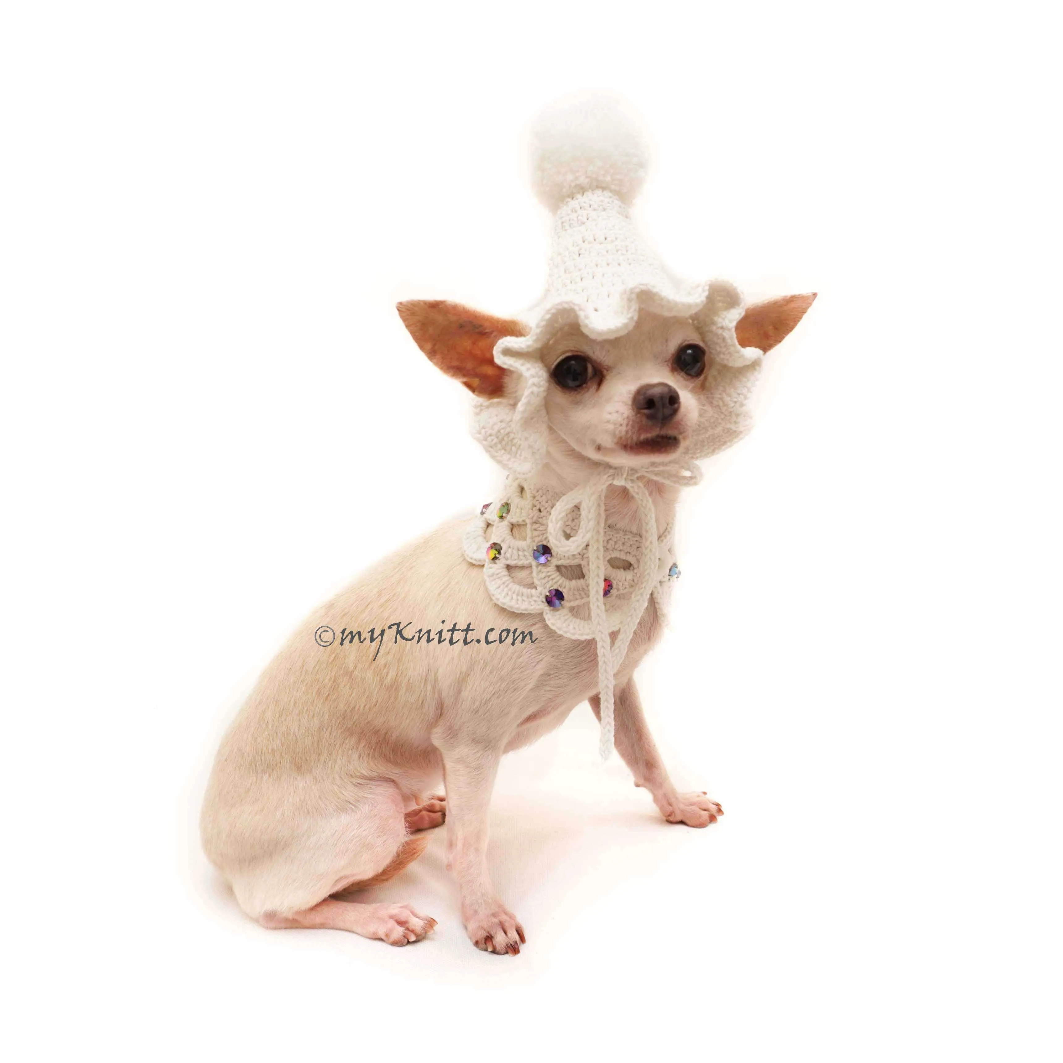 White Dog Bandanna, White Dog Scarf Crochet, White Pom Pom Dog Hat Crochet, DN26